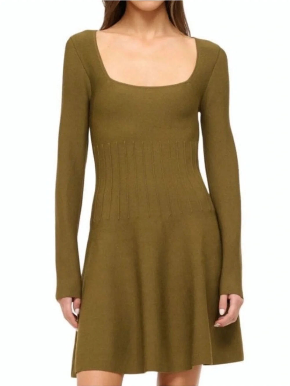 STAUD - Deora Square Knit Long Sleeve Pleated Mini Dress - sergeant green - Med - Picture 3 of 13